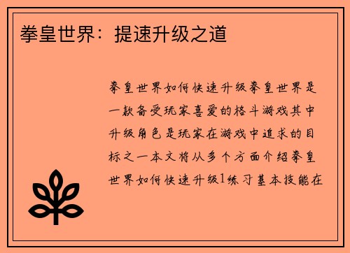 拳皇世界：提速升级之道